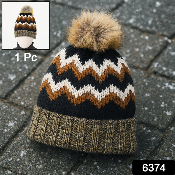 Winter Woolen Knitted Black Inside Fur Beanie Cap (1 Pc / Mix Design & Color)